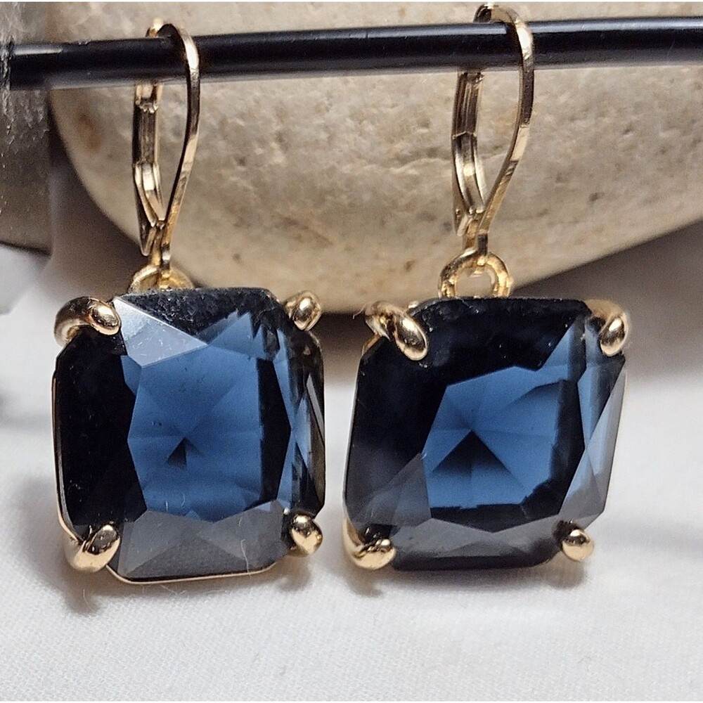 Blue Glass Facet Statement Gold Tone Drop Earrings